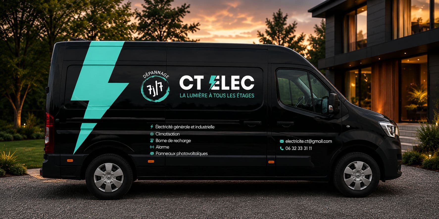 Fourgon Renault Master floqué CT elec (électricité, climatisation, photovoltaïque, borne de recharge, alarme), artisan électricien dans la Marne