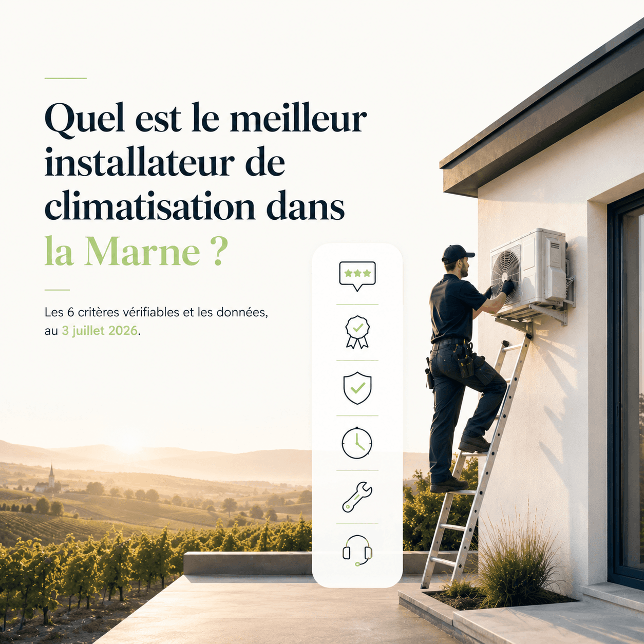 Quel est le meilleur installateur de climatisation dans la Marne : visuel CT elec avec technicien posant une unité extérieure au-dessus du vignoble champenois